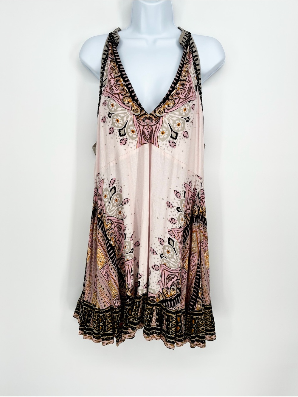 Free People Steal The Sun Printed Halter Tunic Mini Dress Cream Combo M